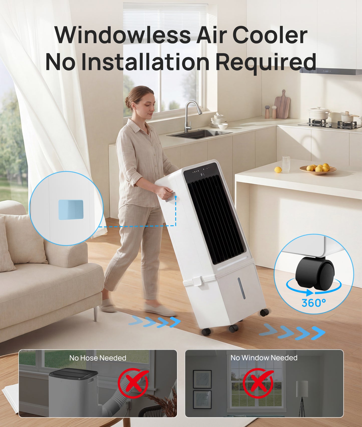 MEPTY Windowless Portable Air Conditioner,Swamp Cooler with 4 Gal Detachable Tank,3-In-1 Evaporative Air Cooler,AC Fan,LED Ambient Light,12H Timer,Air Cooler for Bedroom Living Room Office
