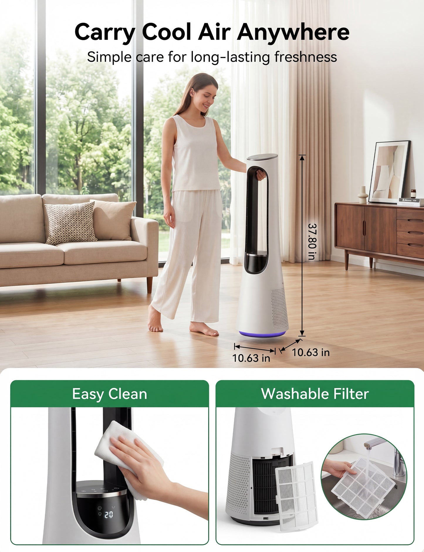 MEPTY 38" Bladeless Tower Fan for Bedroom,Bladeless Fan with 5-Color LED,120°Adjustable Oscillating,20 Speeds & 4 Modes,Quiet DC Motor,Cooling Fan for Home Office Use