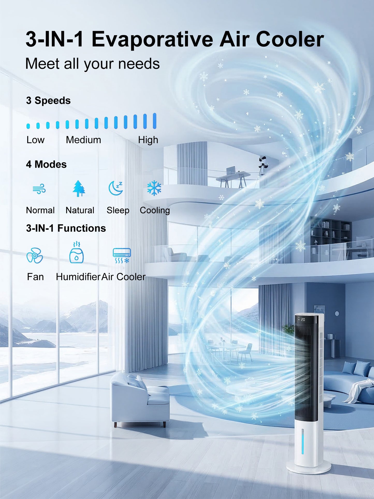 MEPTY Windowless Portable Air Conditioners with 24H Timer, Cooling Fans that Blow Cold Air, 3 Speeds, 4 Modes, Swamp Cooler for Indoor Home Bedroom