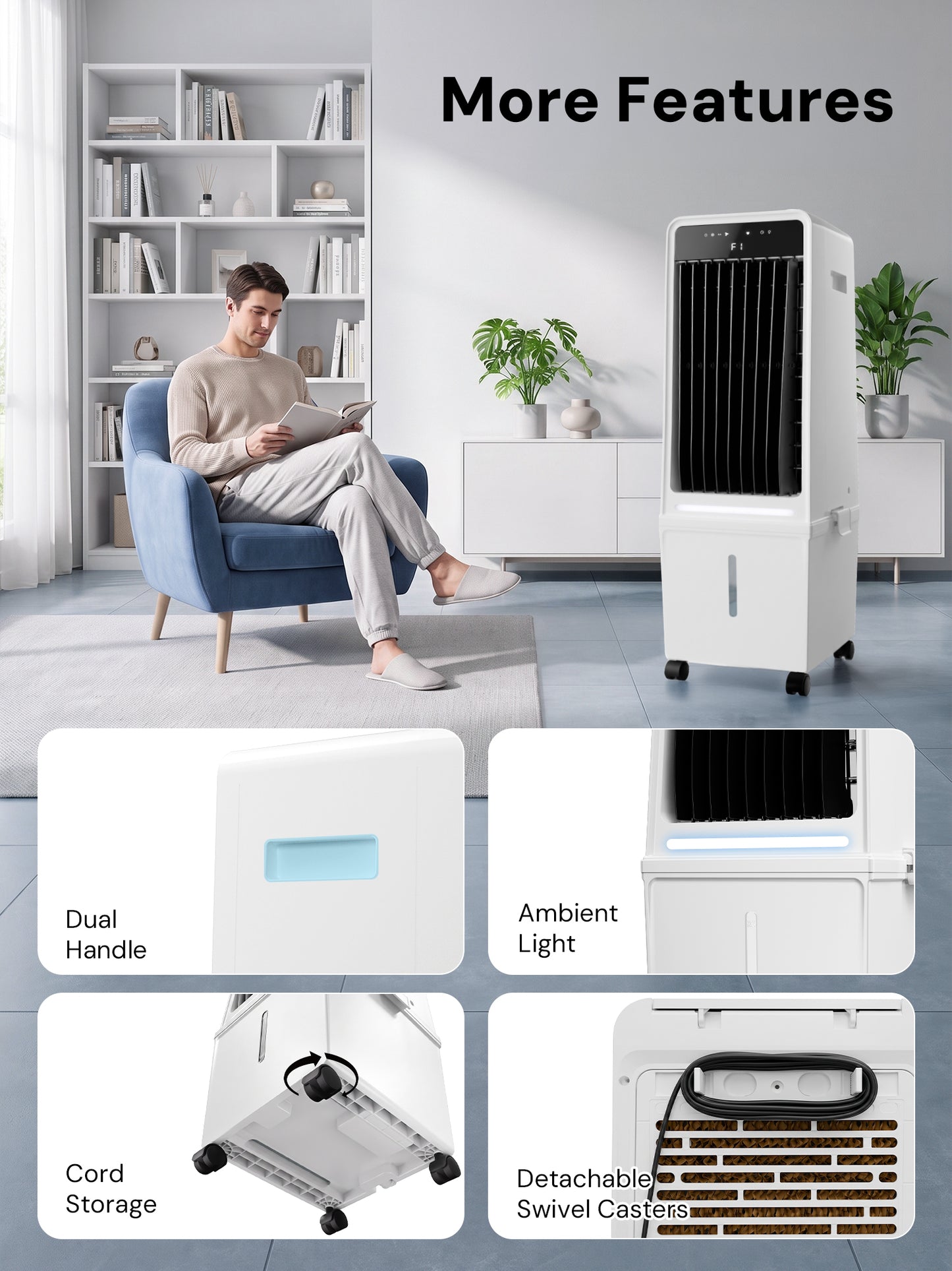 MEPTY 1800CFM Evaporative Air Cooler, Swamp Cooler with 4.2GAL Tank, Ambient Light, 3 Speeds, 4 Modes, 12H Timer, Windowless Portable Air Conditioner for Indoor Room Bedroom