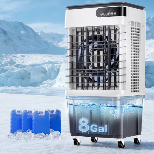 MEPTY 2500CFM Swamp Cooler, Evaporative Air Cooler with 8 Gallon Water Tank, 4 Ice Packs, 3 Speeds&Modes, 12H Timer, 120°Oscillation, Remote, 35‘’ Portable Cooling Fan for Patio Garage Use
